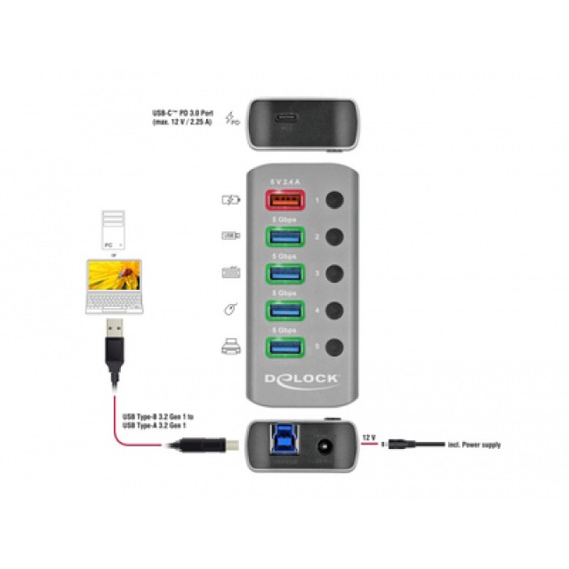 DELOCK USB hub 63263 με διακόπτες, 6x θυρών, 5Gbps, 12V/2.25A PD, γκρι