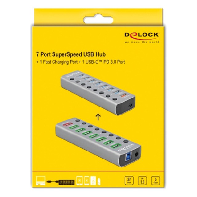 DELOCK USB hub 63264 με διακόπτες, 9x θυρών, 5Gbps, 12V/2.25A PD, γκρι