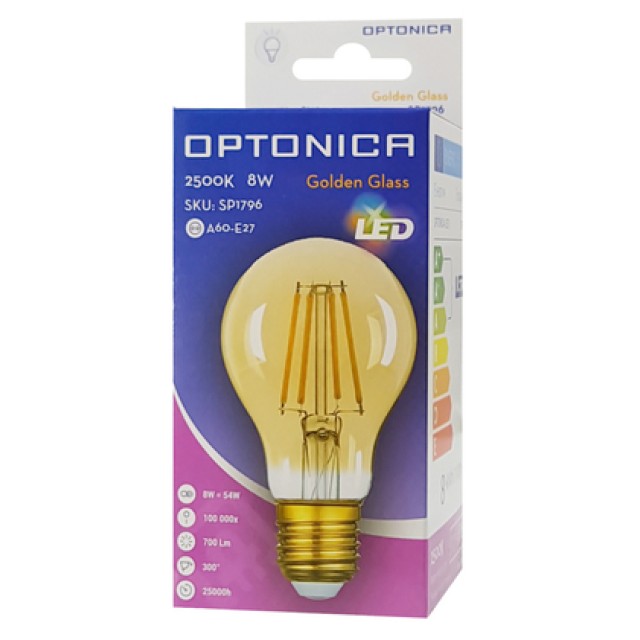 OPTONICA LED λάμπα A60 Filament 1796, 8W, 2500K, E27, 700lm