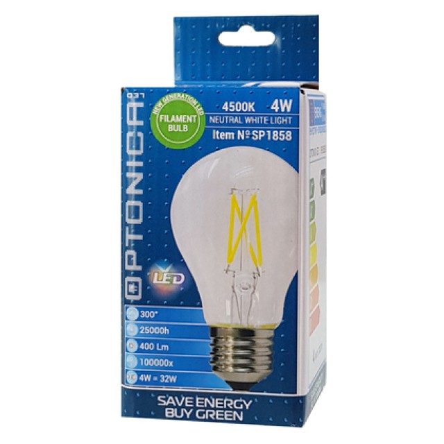 OPTONICA LED λάμπα A60 Filament 1858, 4W, 4500K, E27, 400lm