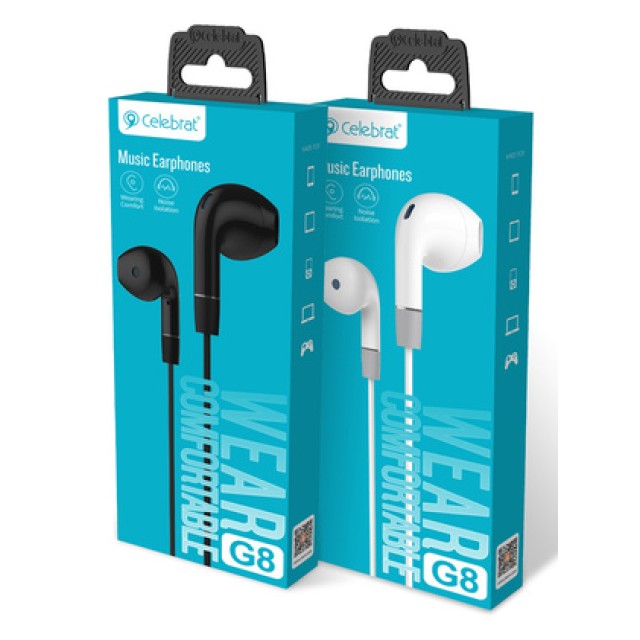 CELEBRAT earphones με μικρόφωνο G8, 3.5mm σύνδεση, Φ14.2mm, 1.2m, λευκά