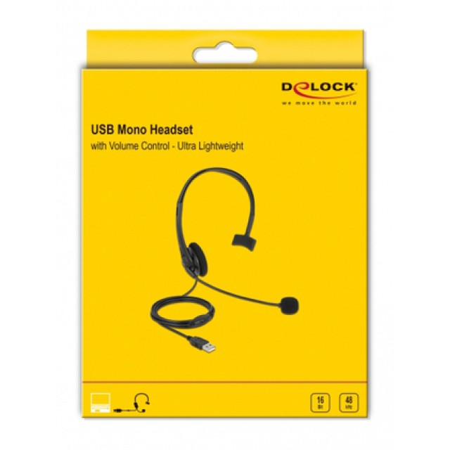 DELOCK headphones με μικρόφωνο 27177, mono, USB, volume control, μαύρα