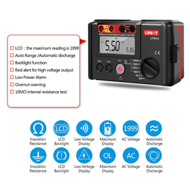 UNI-T Tester μόνωσης UT501A, 100V/250V/500V/1000V