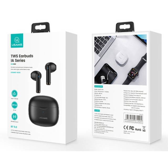 USAMS earphones IA04 με θήκη φόρτισης, True Wireless, Φ13mm, μαύρα