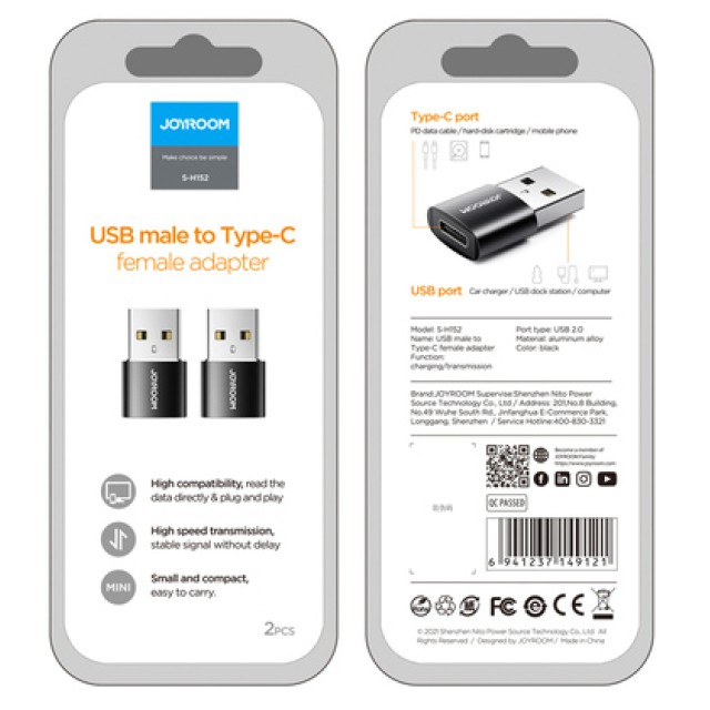 JOYROOM αντάπτορας USB σε USB USB-C S-H152, 480Mbps, μαύρος, 2τμχ