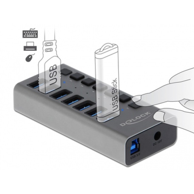 DELOCK USB hub 63669 με διακόπτες, 7x θυρών, 5Gbps, γκρι