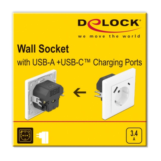 DELOCK πρίζα τοίχου 11489 με θύρες φόρτισης USB & USB Type-C 3.4A, λευκή