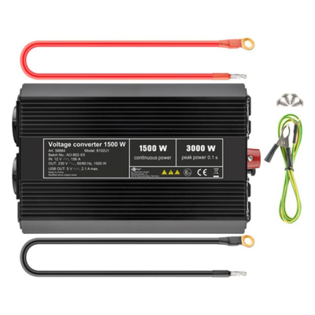 GOOBAY inverter αυτοκινήτου 58884, 12V σε 230V, 1500W, USB 2.1A