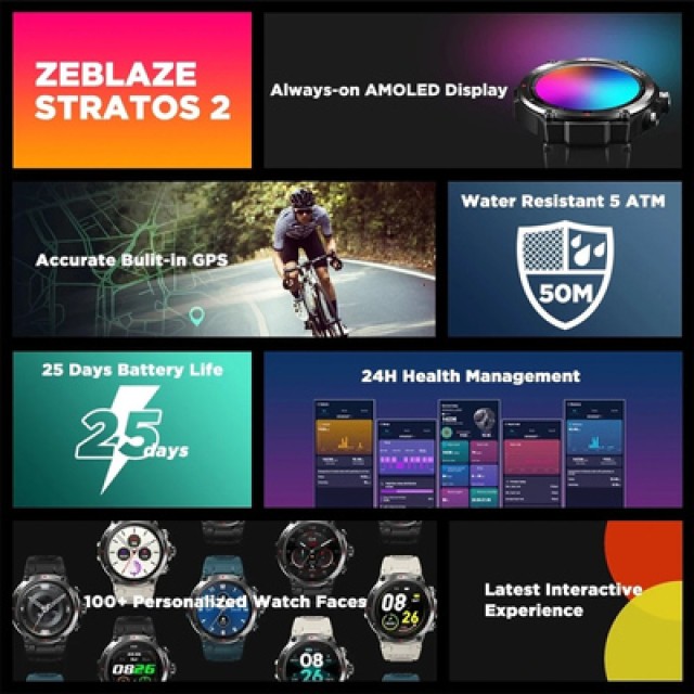 ZEBLAZE smartwatch Stratos 2, 1.3" AMOLED, GPS, heart rate, 5 ATM, μαύρο