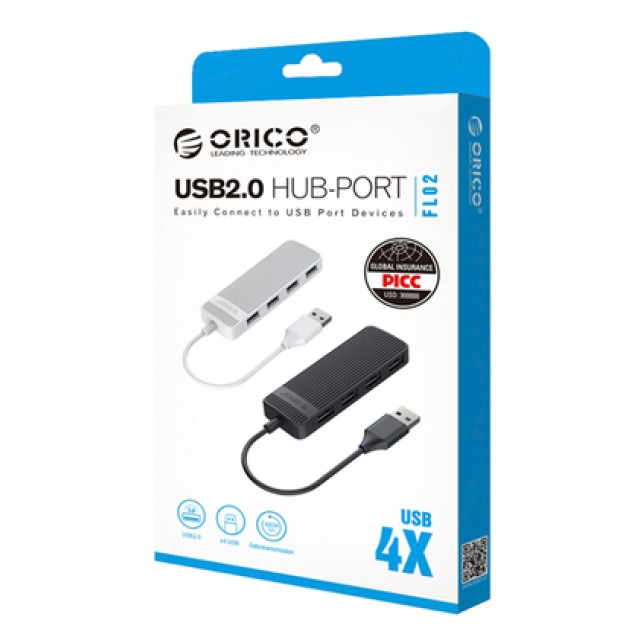 ORICO USB hub FL02, 4x θυρών, 480Mbps, USB σύνδεση, λευκό