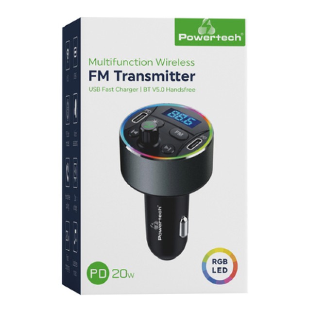 POWERTECH FM Transmitter & φορτιστής 40W PT-1027, οθόνη, RGB, Bluetooth