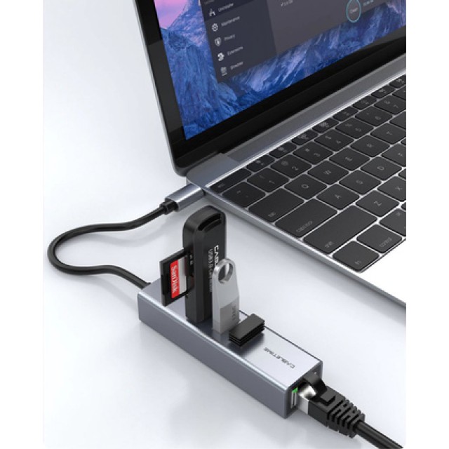 CABLETIME USB-C hub CT-CMLU3, RJ45 & 3x USB θύρες, 5Gbps, 1000Mbps, γκρι