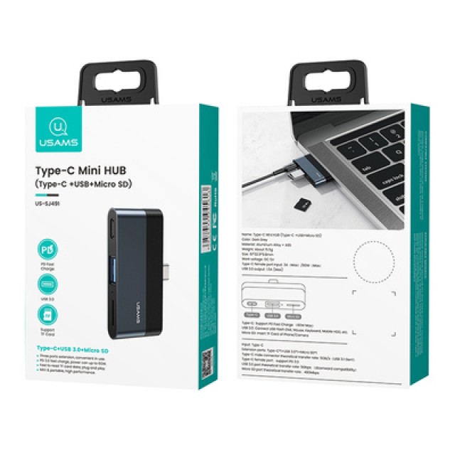 USAMS USB hub US-SJ491 με card reader, 2x θυρών, 5Gbps, 60W, USB-C, γκρι