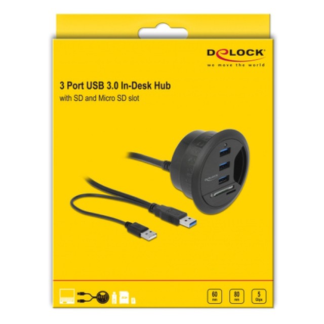 DELOCK USB hub 62869 με card reader, 5x θυρών, 5Gbps, Φ60/80mm, μαύρο