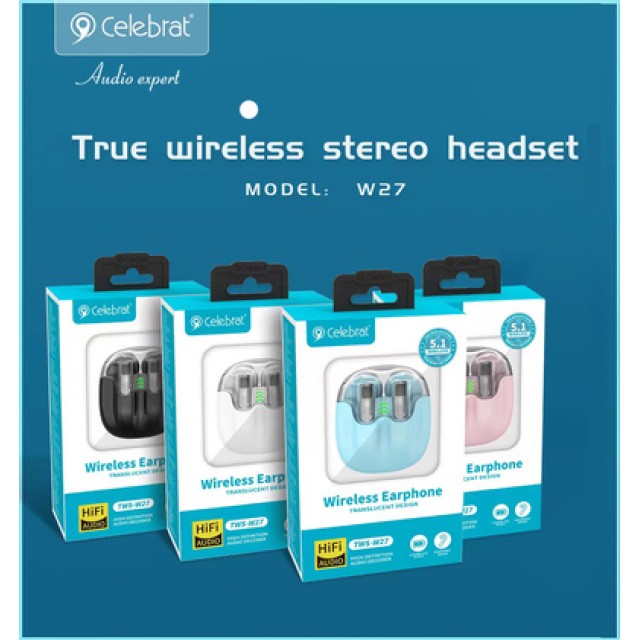 CELEBRAT earphones με θήκη φόρτισης TWS-W27, True Wireless, Φ13mm, ροζ