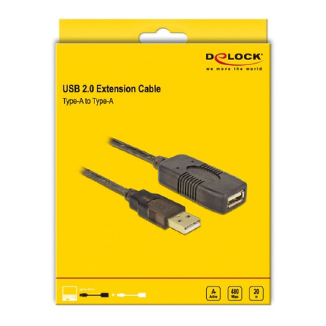 DELOCK καλώδιο USB 2.0 αρσενικό σε θηλυκό 82690, active, 20m, μαύρο