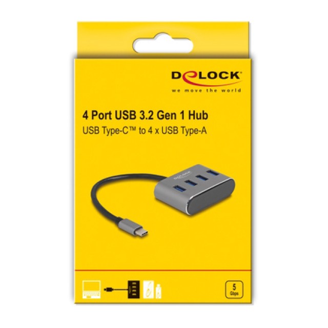 DELOCK USB hub 63223, 4x θυρών, 5Gbps, USB-C σύνδεση, γκρι