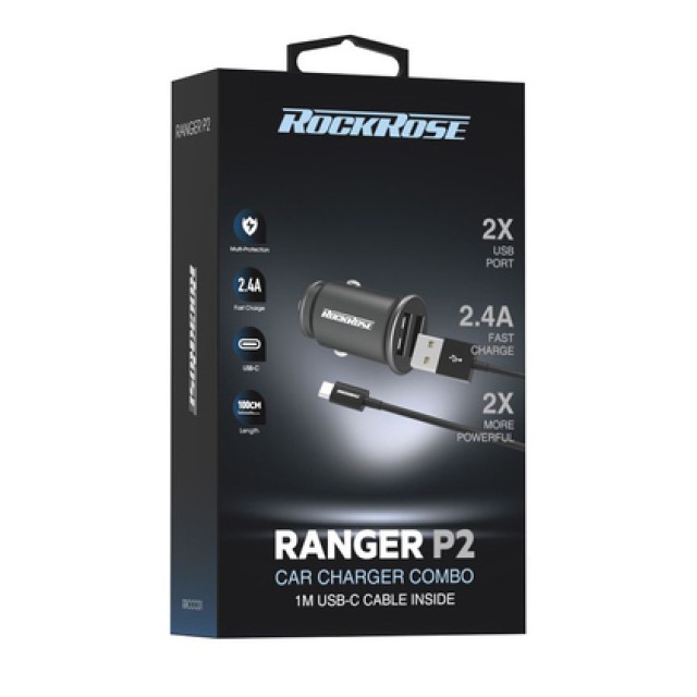 ROCKROSE φορτιστής αυτοκινήτου Ranger P2 με καλώδιο, 2x USB, 12W, μαύρος