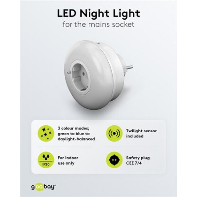 GOOBAY LED φωτιστικό νυκτός 64567, πρίζα schuko, 3 χρώματα φωτός, 6500K