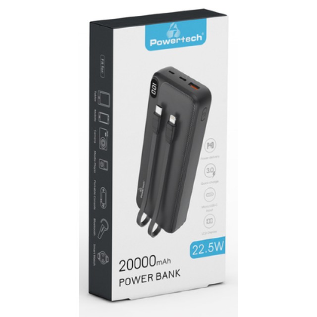 POWERTECH power bank με καλώδια και οθόνη PT-1064 20000mAh, 22.5W, μαύρο