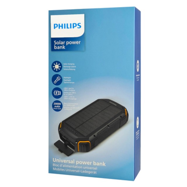 PHILIPS ηλιακό power bank DLP7726N με φακό, 20000mAh, 15W, μαύρο