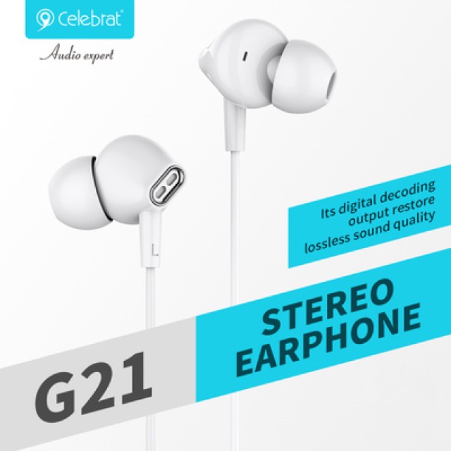 CELEBRAT earphones με μικρόφωνο G21, 3.5mm σύνδεση, Φ12mm, 1.2m, λευκά