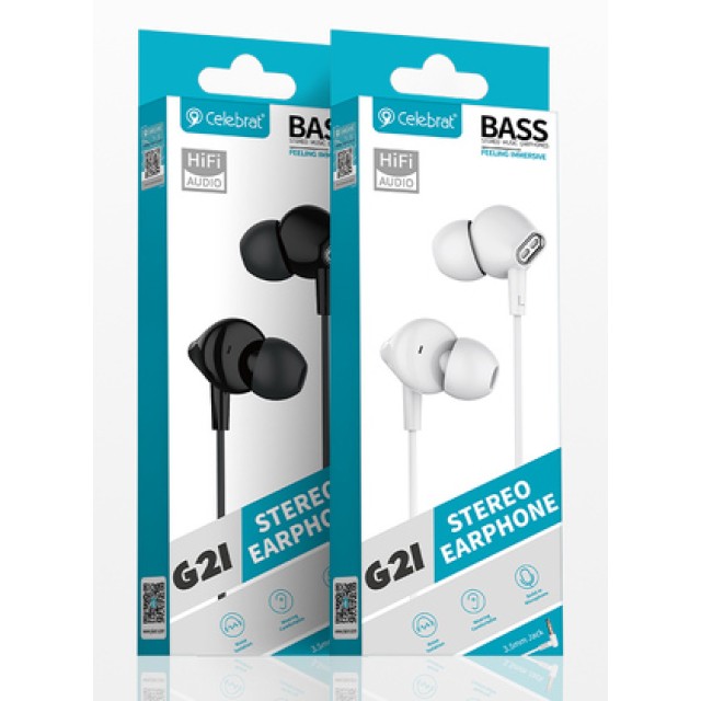 CELEBRAT earphones με μικρόφωνο G21, 3.5mm σύνδεση, Φ12mm, 1.2m, λευκά