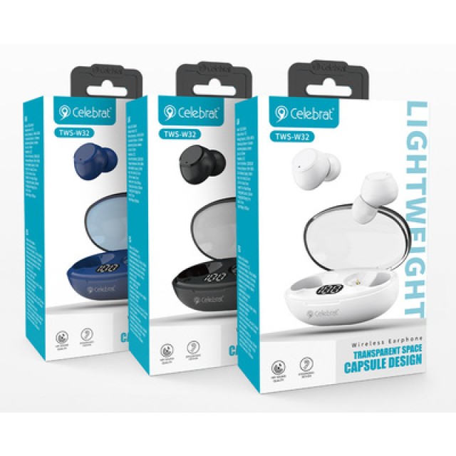 CELEBRAT earphones με θήκη φόρτισης TWS-W32, True Wireless, Φ8mm, λευκά