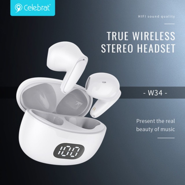 CELEBRAT earphones με θήκη φόρτισης TWS-W34, True Wireless, Φ13mm, μαύρα