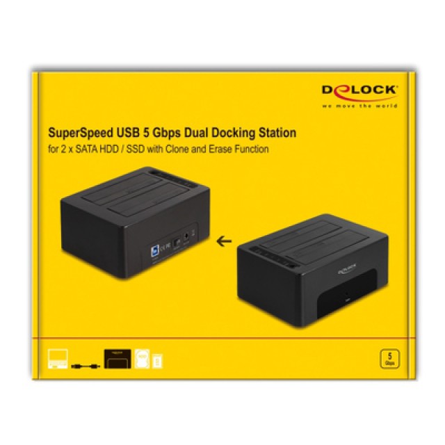 DELOCK docking station 64187, clone/erase function, 2x SSD/HDD, 5Gb/s