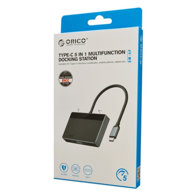 ORICO docking station DM-5P, 5 θυρών, USB-C σύνδεση, 100W PD, 4K, μαύρο