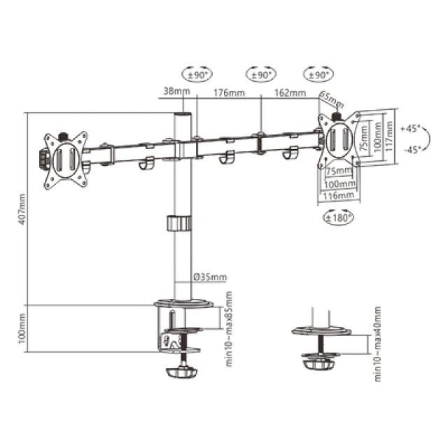 BRATECK βάση γραφείου LDT66-C024 για 2 οθόνες 17"-32", έως 9kg ανά οθόνη