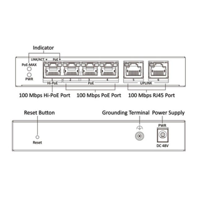 HIKVISION Managed switch DS-3E1106HP-EI, 4x PoE & 2x RJ45 ports, 100Mbps