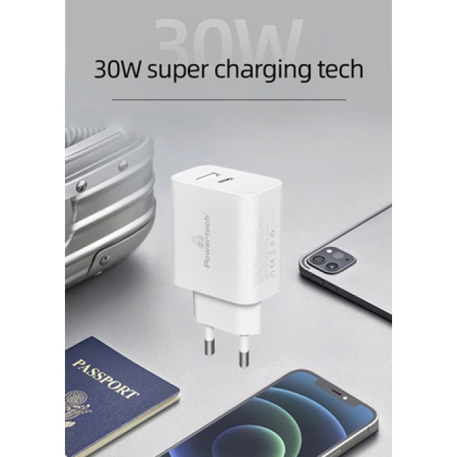 POWERTECH φορτιστής τοίχου PT-1044, USB & USB-C, PD QC3.0, 30W, λευκός