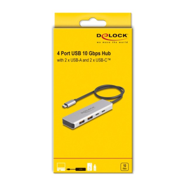 DELOCK USB hub 64230, 4x θυρών, 10Gbps, USB-C σύνδεση, γκρι