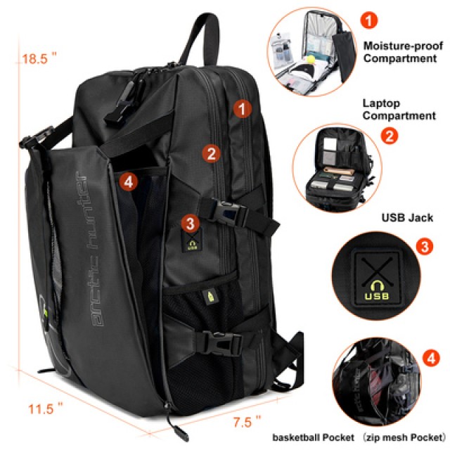 ARCTIC HUNTER τσάντα πλάτης B00391 με θήκη μπάλας & laptop, 26L, μαύρη