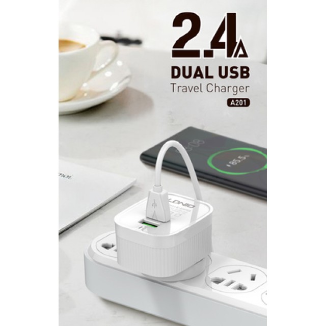 LDNIO φορτιστής τοίχου A201 με καλώδιο USB-C, 2x USB, 12W, λευκός