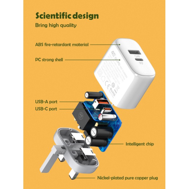 LDNIO φορτιστής τοίχου A2526C με καλώδιο, USB & USB-C, 45W PD, λευκός