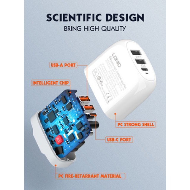 LDNIO φορτιστής τοίχου A3511Q με καλώδιο, USB-C/2x USB, 65W, GaN, λευκός