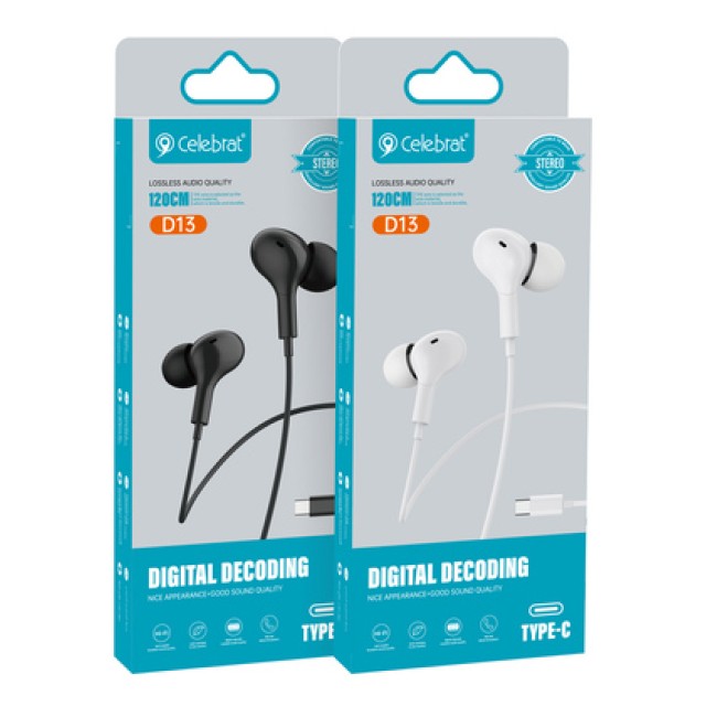 CELEBRAT earphones με μικρόφωνο D13, USB-C σύνδεση, Φ10mm, 1.2m, λευκά