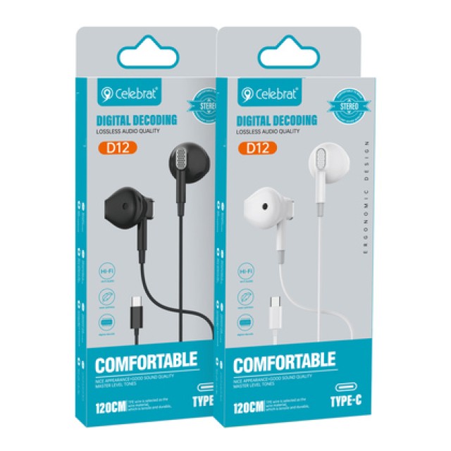 CELEBRAT earphones με μικρόφωνο D12, USB-C σύνδεση, Φ14.2mm, 1.2m, μαύρα