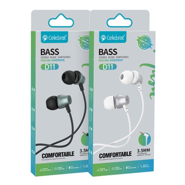 CELEBRAT earphones με μικρόφωνο D11, 3.5mm σύνδεση, Φ10mm, 1.2m, μαύρα