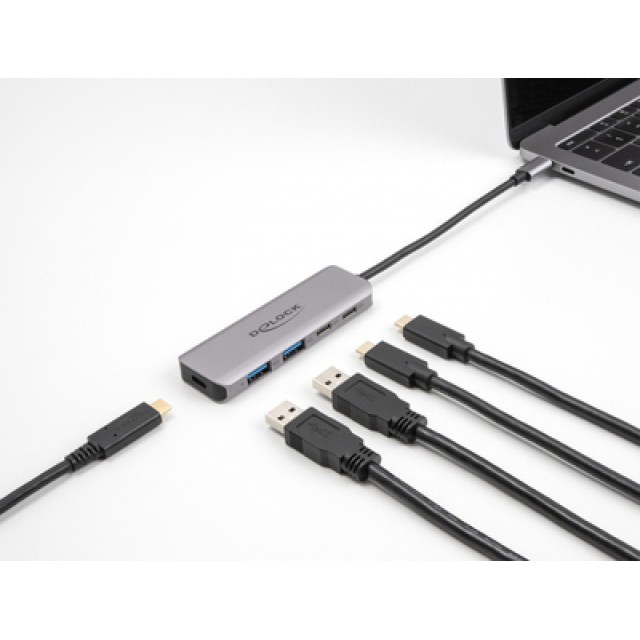 DELOCK USB hub 64239, 4x θυρών, 5Gbps, USB-C σύνδεση, γκρι