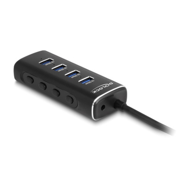 DELOCK USB hub 64233 με διακόπτες, 4 θυρών, 10Gbps, USB-C σύνδεση, μαύρο