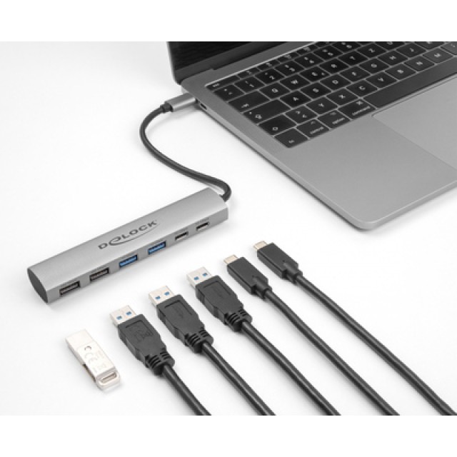 DELOCK USB hub 64232, 6x θυρών, 10Gbps, USB-C σύνδεση, γκρι