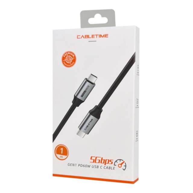 CABLETIME καλώδιο USB-C CMCM60, 60W PD, 5Gbps, 4K, 1m, μαύρο