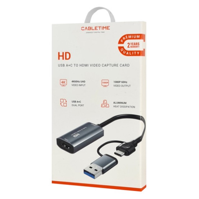 CABLETIME video capture CT-ACHC-AG, HDMI/USB & USB-C, 4K/60Hz, γκρι