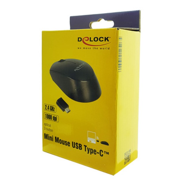 DELOCK ασύρματο ποντίκι 12526, Οπτικό, USB-C receiver, 3-button, μαύρο