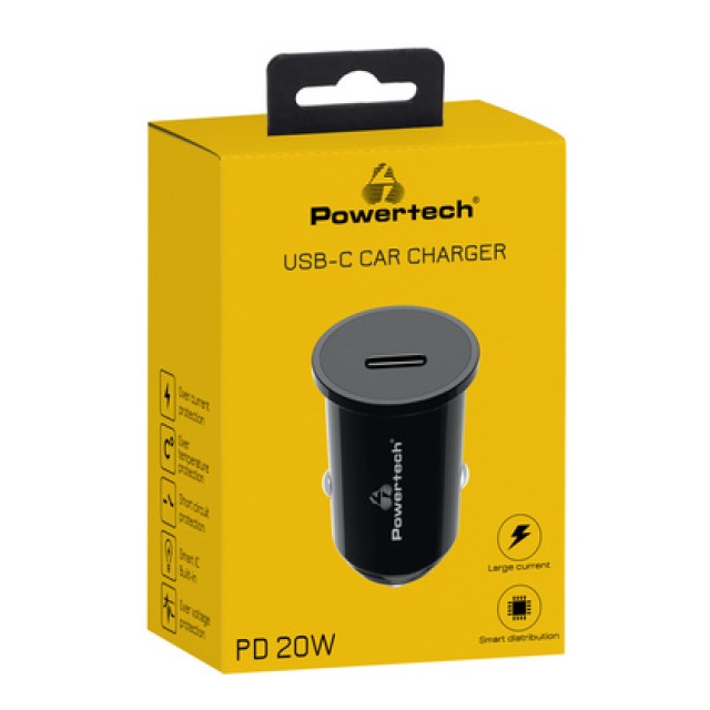 POWERTECH φορτιστής αυτοκινήτου PT-1146, USB-C, 20W PD, μαύρος