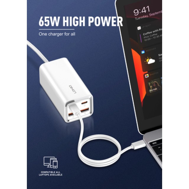 LDNIO σταθμός φόρτισης A4610C, 2x USB-C & 2x USB, 65W, PD/QC, λευκός